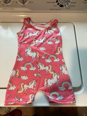 Girls gymnastic unitard sparkle pink rainbow unicorn youth XS